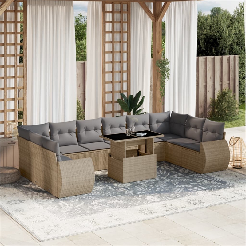 vidaXL 11 Piece Poly Rattan Sofa Set in Gray/Beige