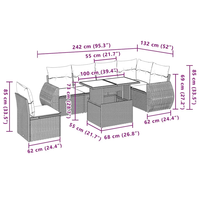 vidaXL 7 Piece Poly Rattan Sofa Set in Gray/Anthracite
