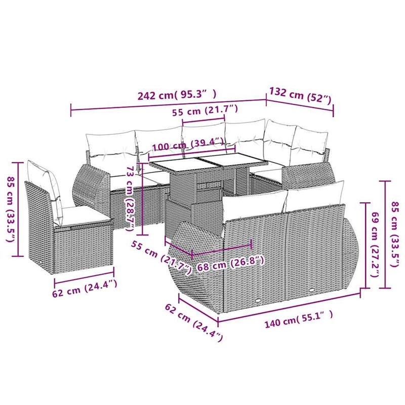 vidaXL 9 Piece Poly Rattan Sofa Set in Beige