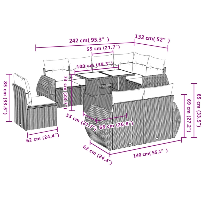 vidaXL 9 Piece Steel Sofa Set in Gray/Beige