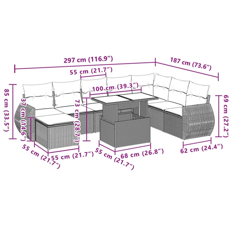 vidaXL 9 Piece Steel Large Sofa Set in Gray/Beige