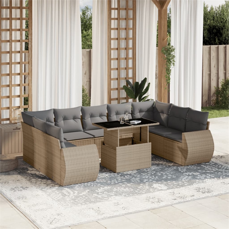 vidaXL 10 Piece Poly Rattan Sofa Set in Gray/Beige