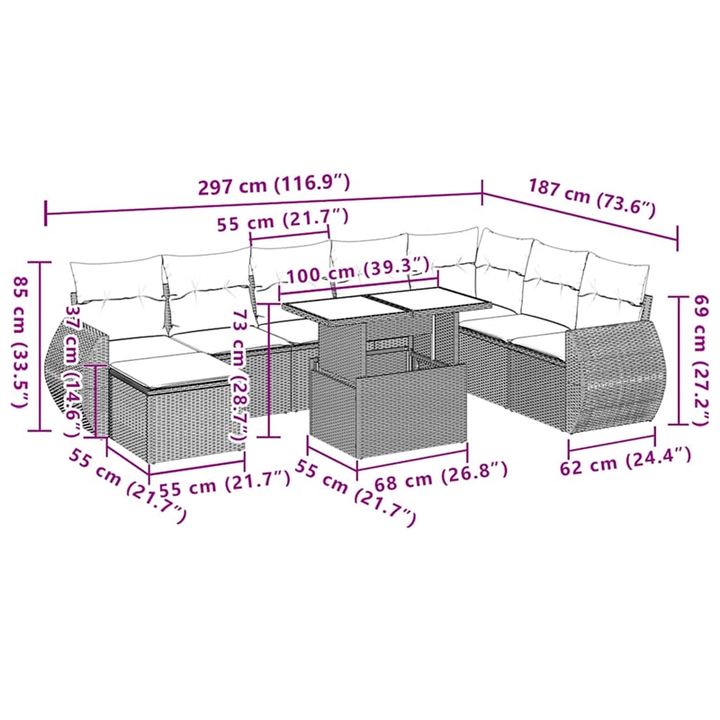 vidaXL 10 Piece Poly Rattan Sofa Set in Brown