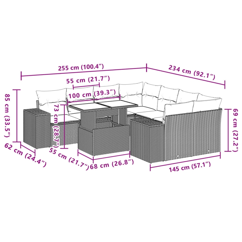 vidaXL 9 Piece Steel Sofa Set in Gray/Beige