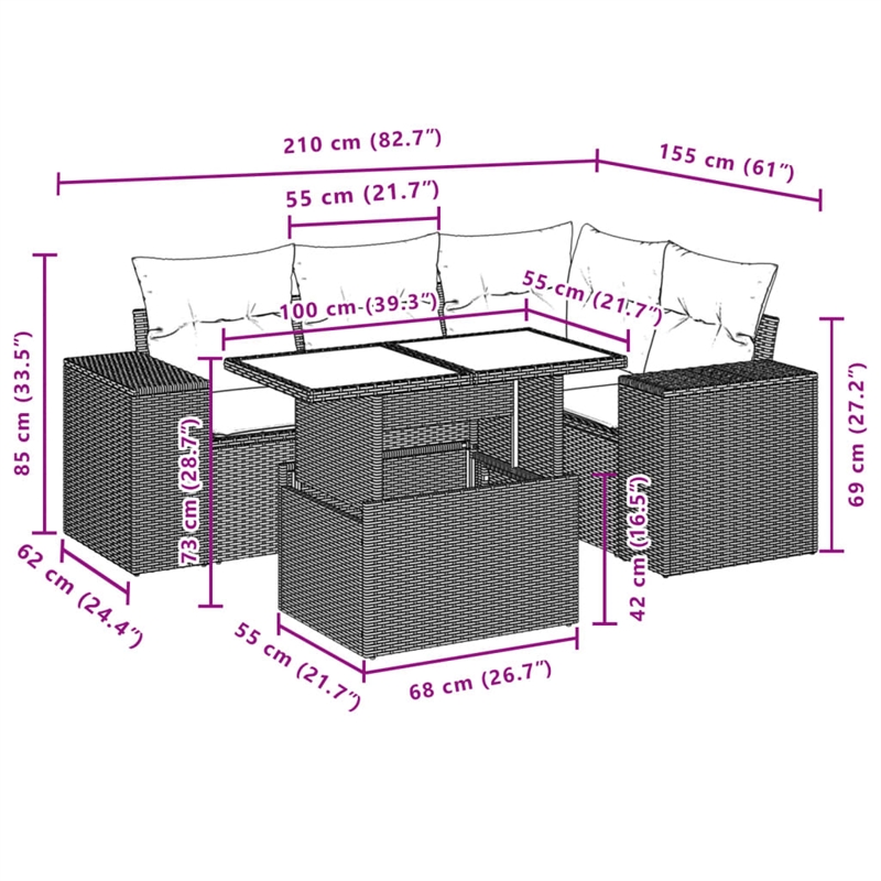 vidaXL 5 Piece Poly Rattan Sofa Set in Gray