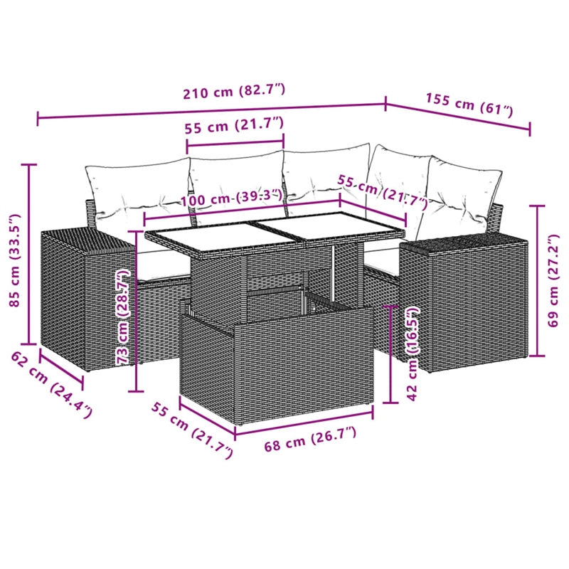 vidaXL 5 Piece Poly Rattan Sofa Set in Gray