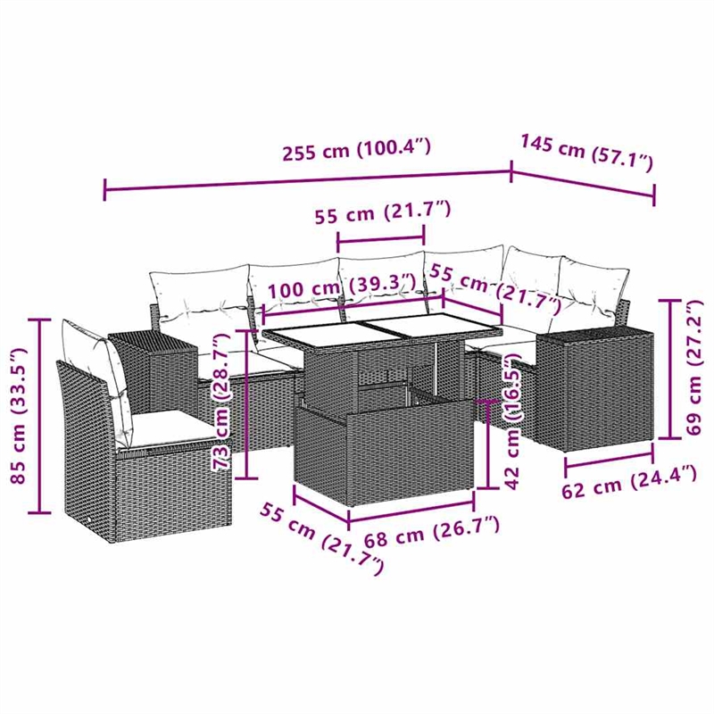 vidaXL 7 Piece Steel Sofa Set in Black