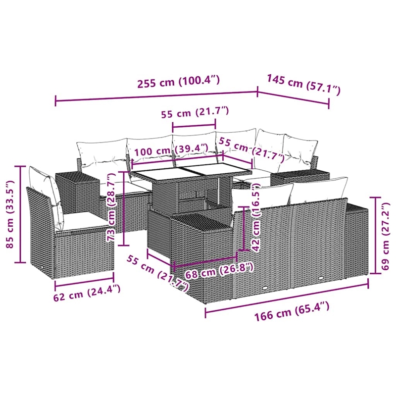 vidaXL 9 Piece Steel Small Sofa Set in Black