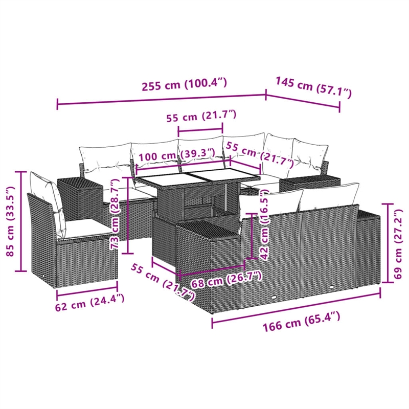 vidaXL 9 Piece Steel Sofa Set in Gray/Anthracite