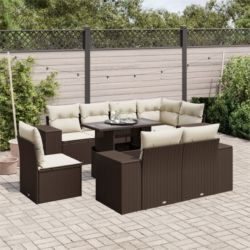 vidaXL 9 Piece Poly Rattan Sofa Set in Brown/Cream