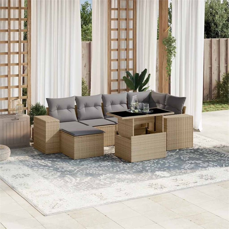 vidaXL 7 Piece Poly Rattan Sofa Set in Beige