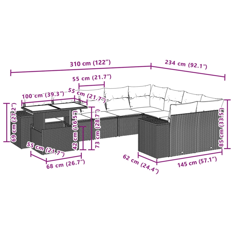 vidaXL 10 Piece Steel Sofa Set in Black