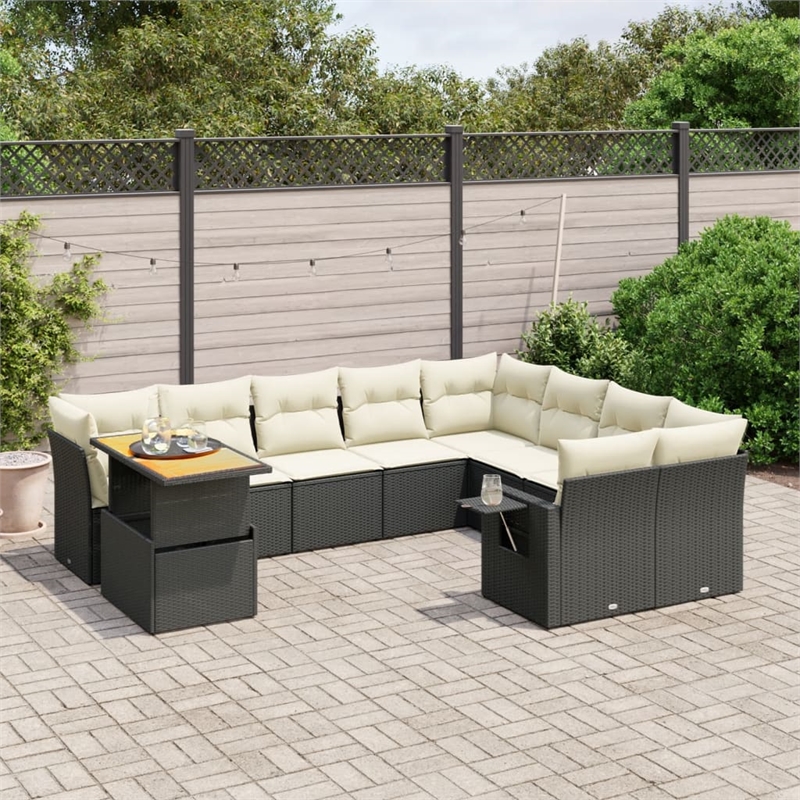 vidaXL 10 Piece Poly Rattan Large Sofa Set in Black/White/Cream