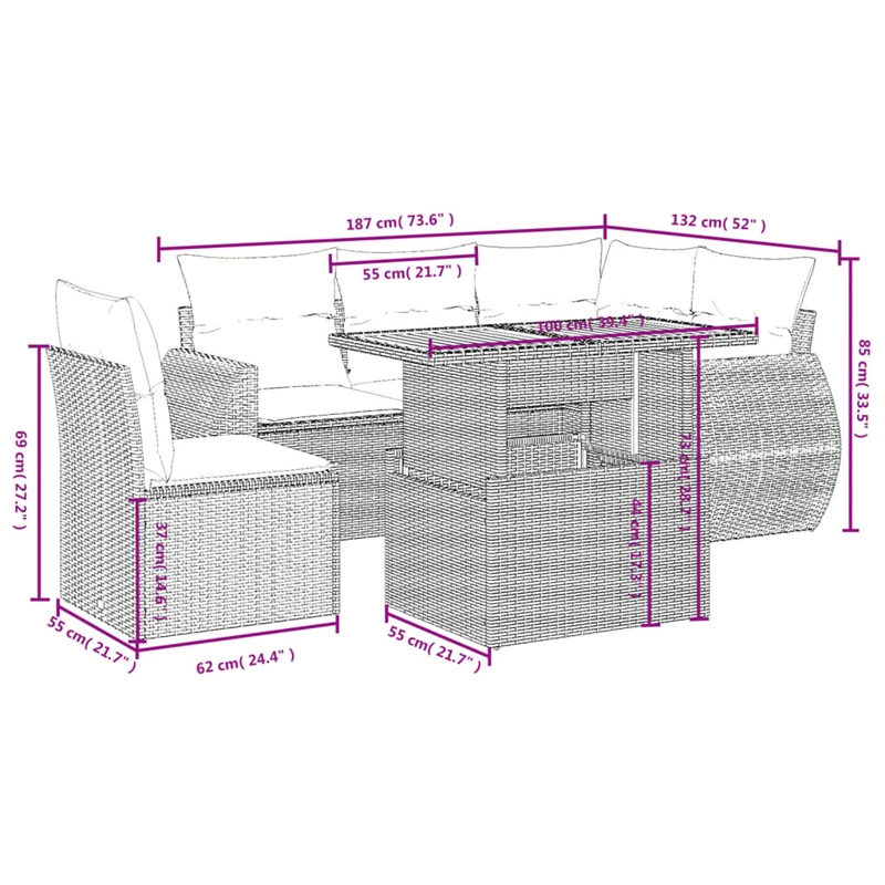 vidaXL 6 Piece Poly Rattan Sofa Set in Gray