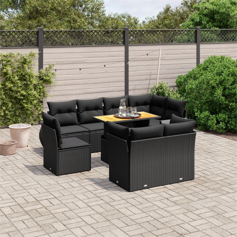 vidaXL 9 Piece Solid Acacia Wood Large Sofa Set in Black