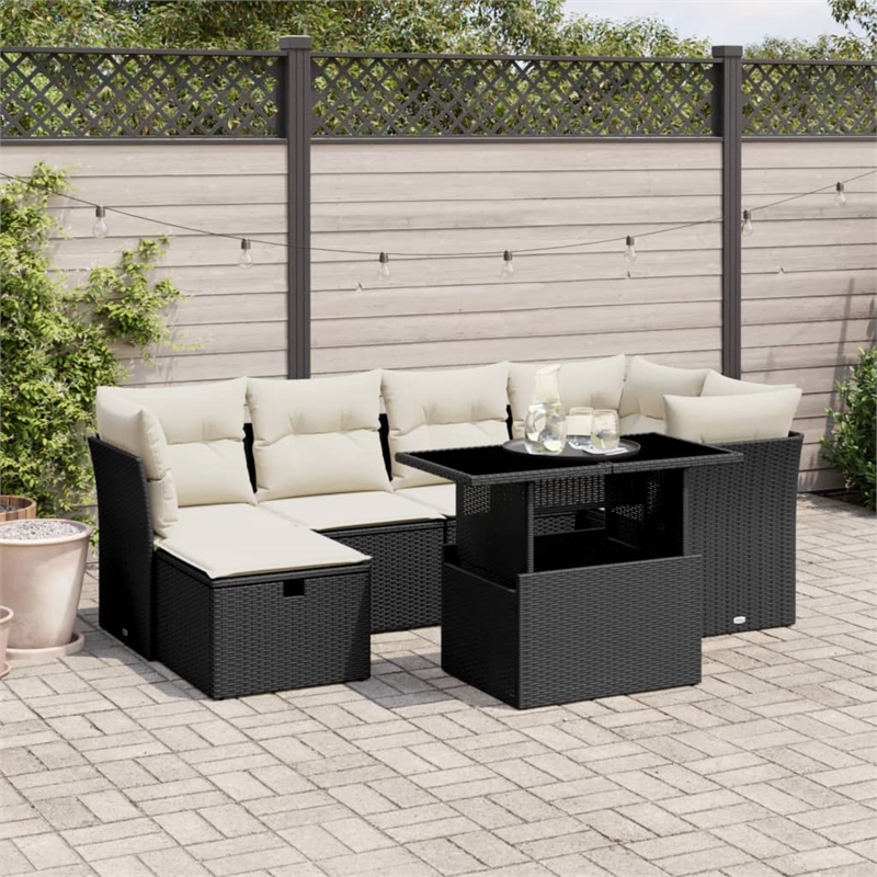 vidaXL 7 Piece Poly Rattan Patio Sofa Set in Black/White/Cream