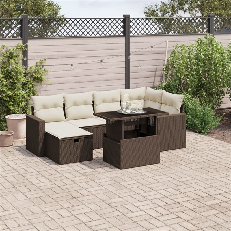 vidaXL 7 Piece Poly Rattan Sofa Set in White/Brown/Cream