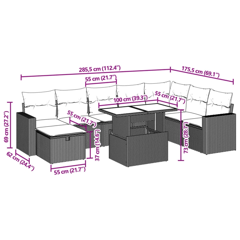 vidaXL 9 Piece Poly Rattan Patio Sofa Set
