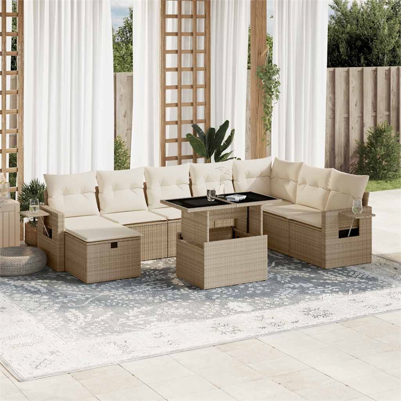 vidaXL 9 Piece Poly Rattan Sofa Set in White/Cream/Beige