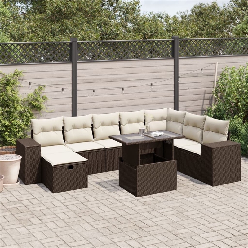 vidaXL 9 Piece Poly Rattan Sofa Set in White/Brown/Cream