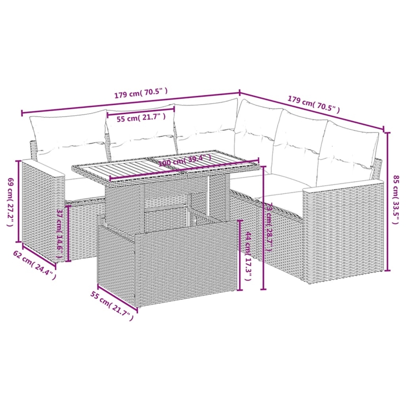 vidaXL 6 Piece Poly Rattan Sofa Set in Gray