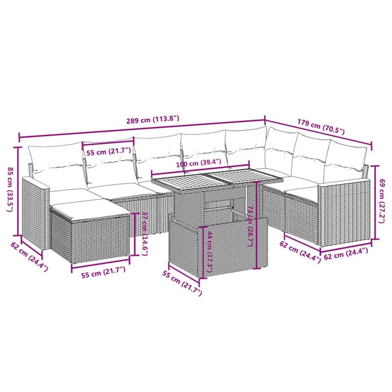 vidaXL 9 Piece Poly Rattan Large Sofa Set in Black