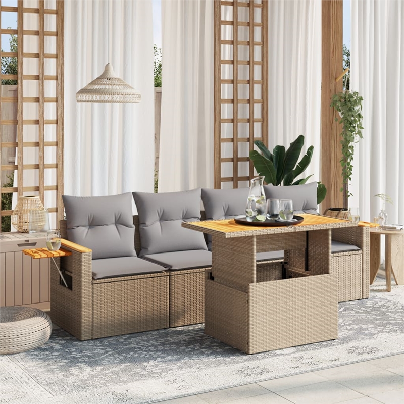 vidaXL 5 Piece Solid Acacia Wood Large Sofa Set in Beige