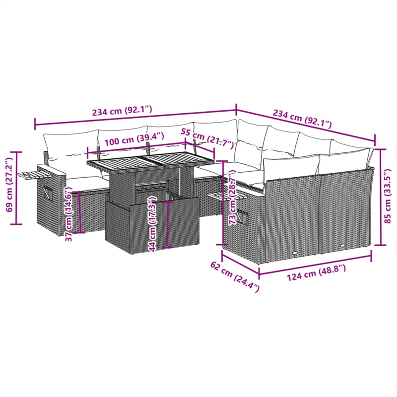 vidaXL 9 Piece Steel Large Sofa Set in Black