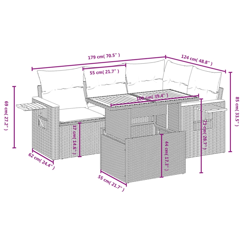 vidaXL 5 Piece Solid Acacia Wood Sofa Set in Gray