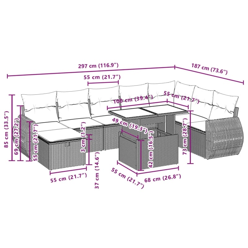 vidaXL 9 Piece Poly Rattan Small Sofa Set in Gray