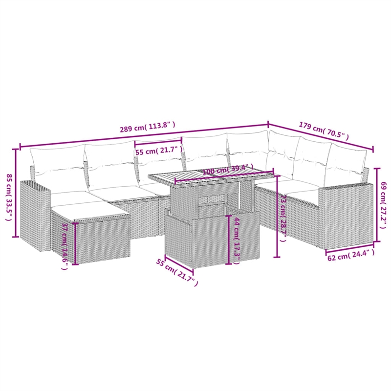 vidaXL 9 Piece Solid Acacia Wood Small Sofa Set in Gray/Beige