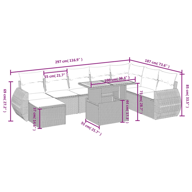 vidaXL 9 Piece Steel Sofa Set in White/Cream/Beige