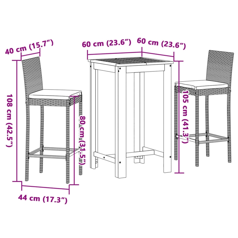 vidaXL 3 Piece Solid Acacia Wood Standard Bar Set in Gray