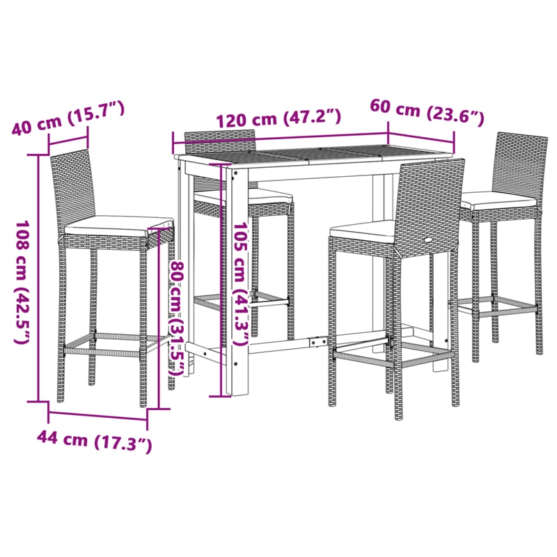 vidaXL 5 Piece Solid Acacia Wood Bar Set in Black/White/Cream