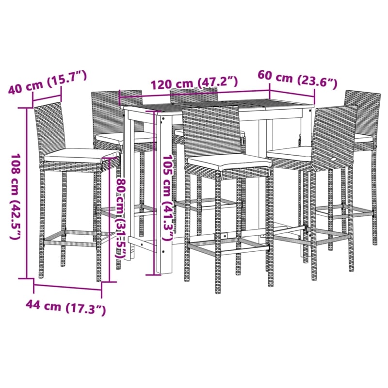vidaXL 7 Piece Solid Acacia Wood Bar Set in Gray/Anthracite