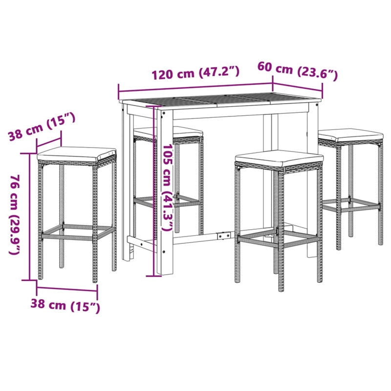 vidaXL 5 Piece Solid Acacia Wood Bar Set in Black/White/Cream
