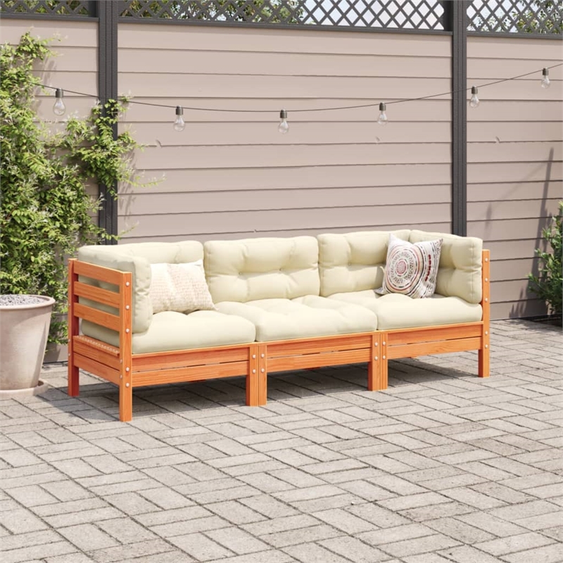 vidaXL 3 Piece Wood Sofa Set in Brown/Cream