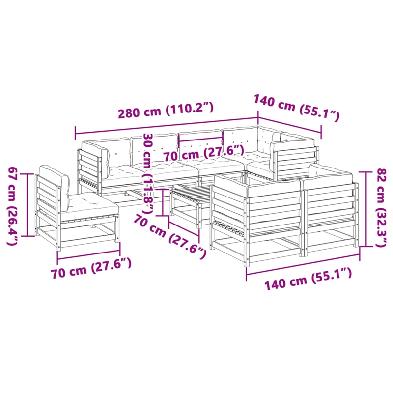 vidaXL 9 Piece Wood Large Patio Sofa Set in Cream/Natural