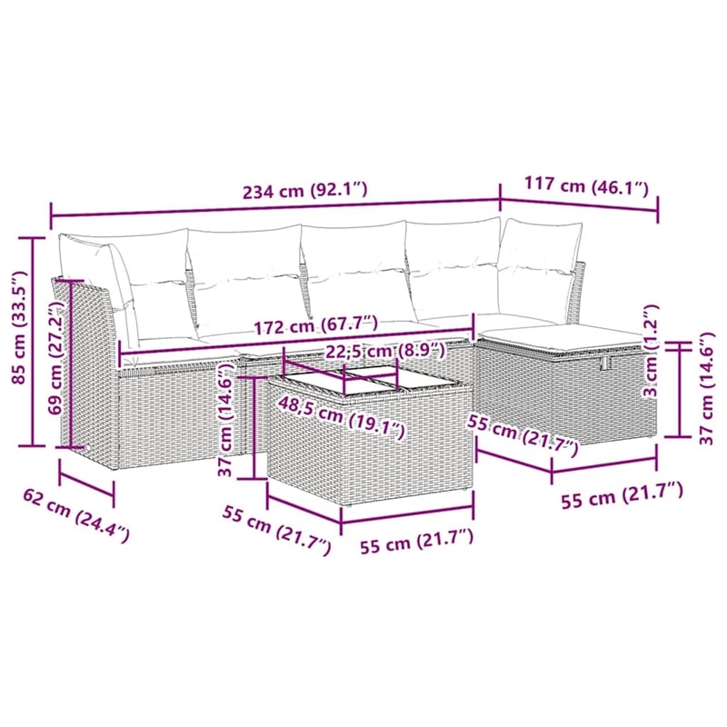 vidaXL 6 Piece Poly Rattan Sofa Set in Gray