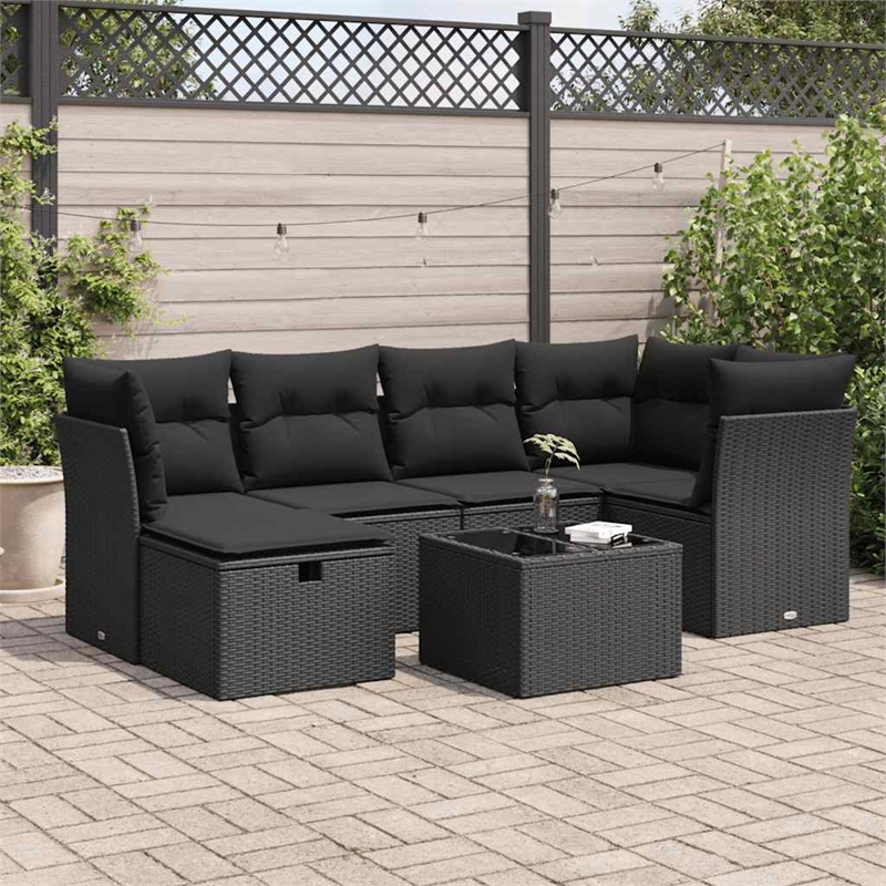 vidaXL 7 Piece Poly Rattan Large Sofa Set in Black
