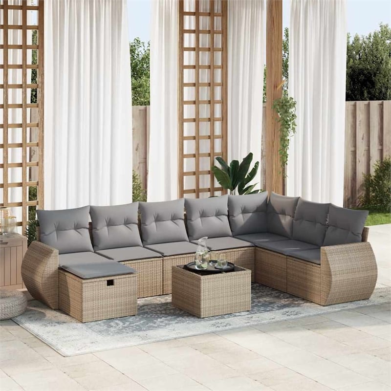 vidaXL 9 Piece Poly Rattan Sofa Set in Gray/Beige