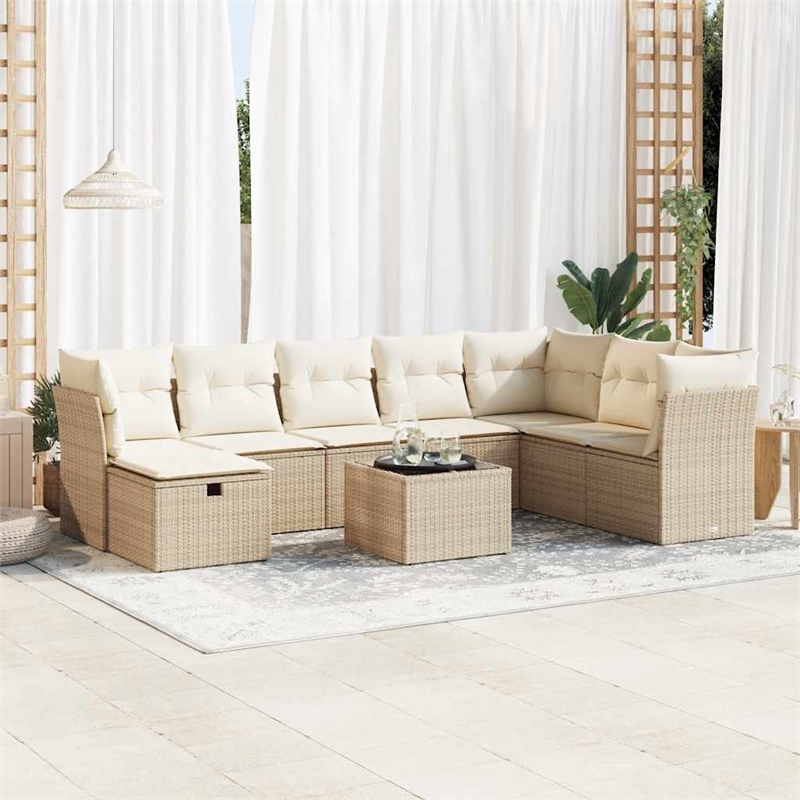 vidaXL 9 Piece Poly Rattan Sofa Set in White/Cream/Beige