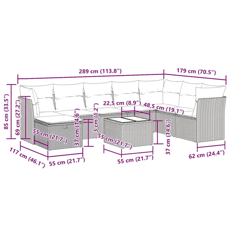 vidaXL 9 Piece Poly Rattan Sofa Set in White/Cream/Beige