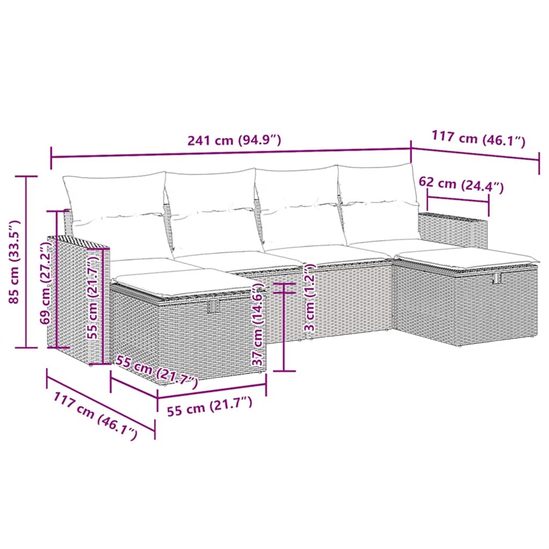 vidaXL 6 Piece Steel Sofa Set in Black