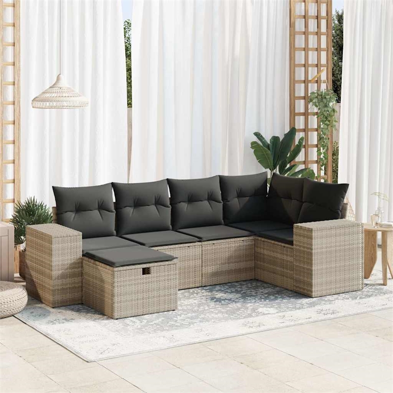 vidaXL 6 Piece Poly Rattan Large Sofa Set w/ Removable Covers in Gray