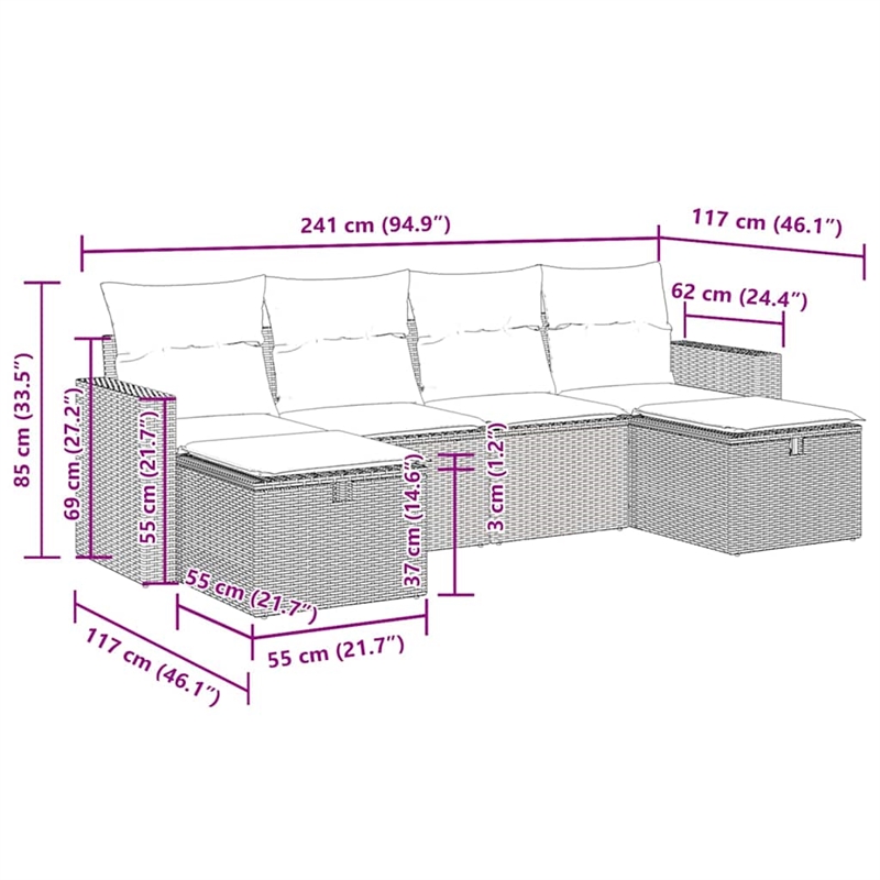 vidaXL Poly Rattan Large Sofa Set in Brown