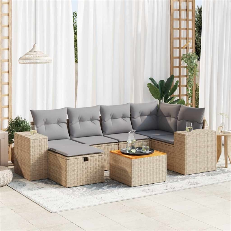 vidaXL 7 Piece Poly Rattan Large Sofa Set in Beige