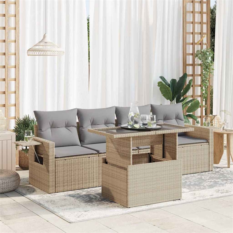 vidaXL 5 Piece Poly Rattan Medium Patio Sofa Set in Beige