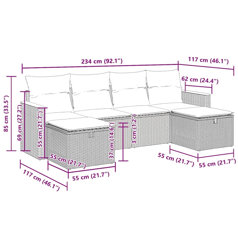 vidaXL 6 Piece Steel Sofa Set in Black/White/Cream