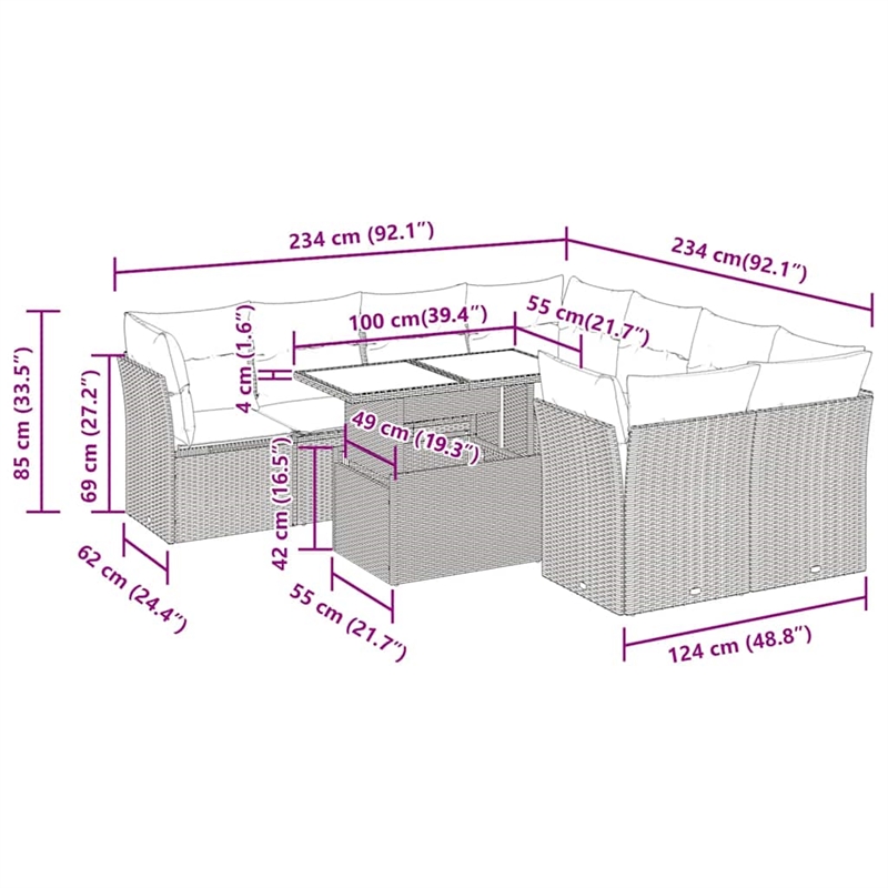 vidaXL 9 Piece Poly Rattan Sofa Set in Gray